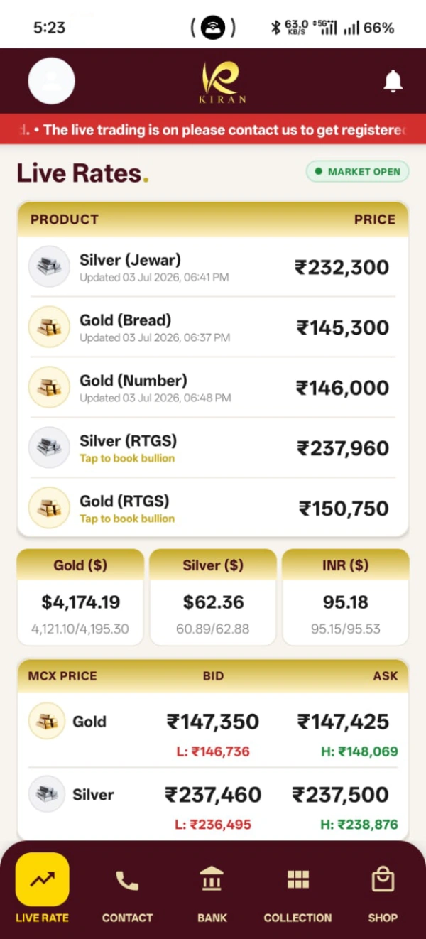 Kiran Jewellery House app showing live gold and silver rates